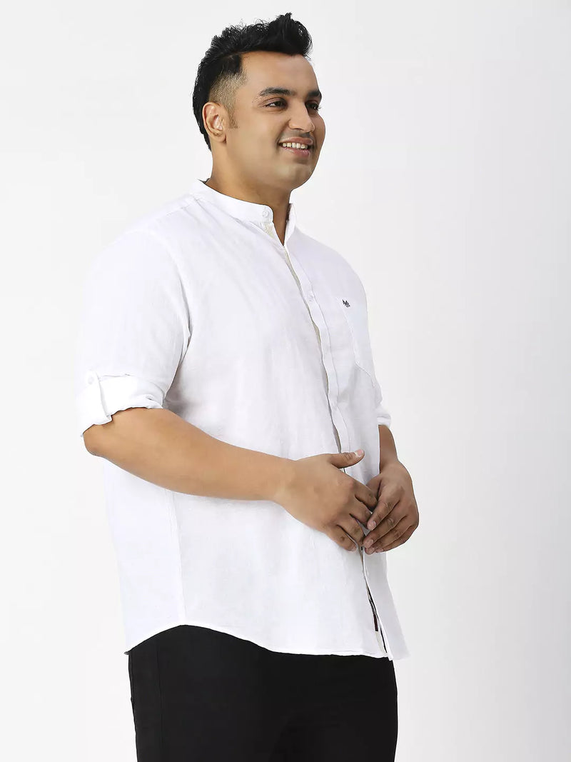 Thomas Scott Men Plus Size Premium Mandarin Collar Roll-Up Sleeves Cotton Linen Casual Shirt