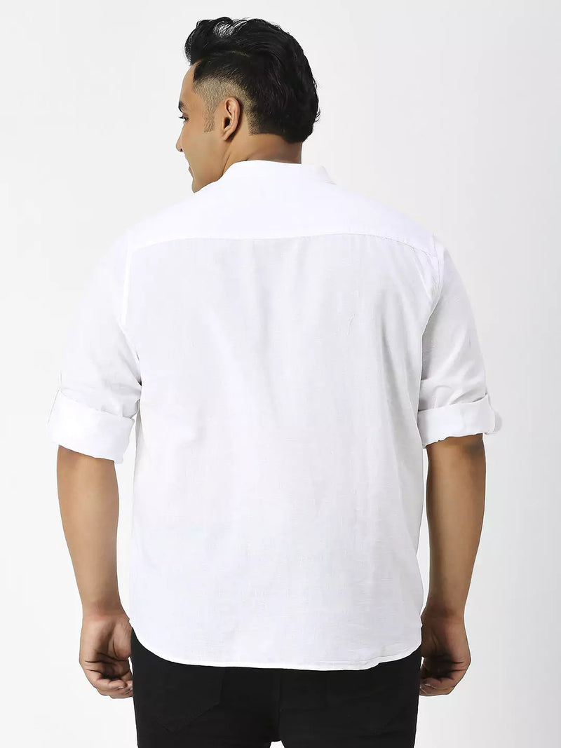 Thomas Scott Men Plus Size Premium Mandarin Collar Roll-Up Sleeves Cotton Linen Casual Shirt