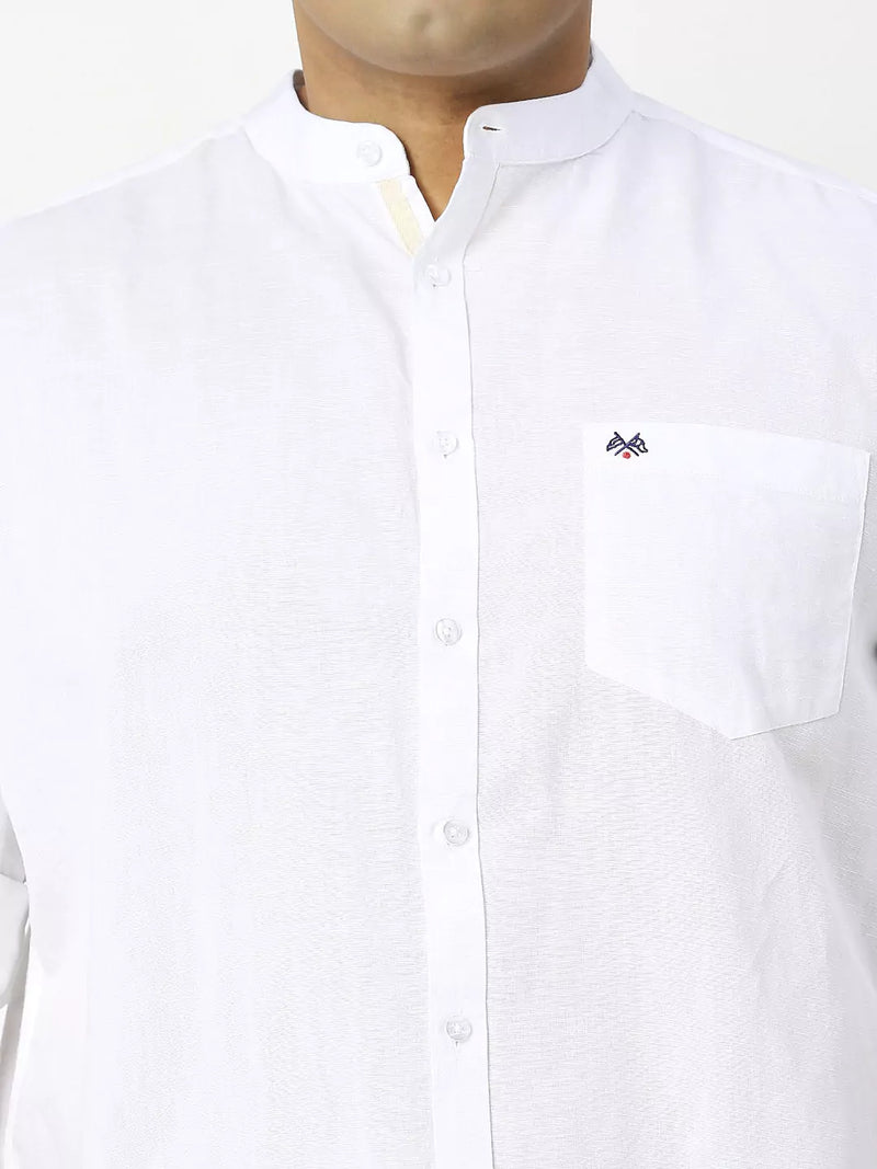 Thomas Scott Men Plus Size Premium Mandarin Collar Roll-Up Sleeves Cotton Linen Casual Shirt