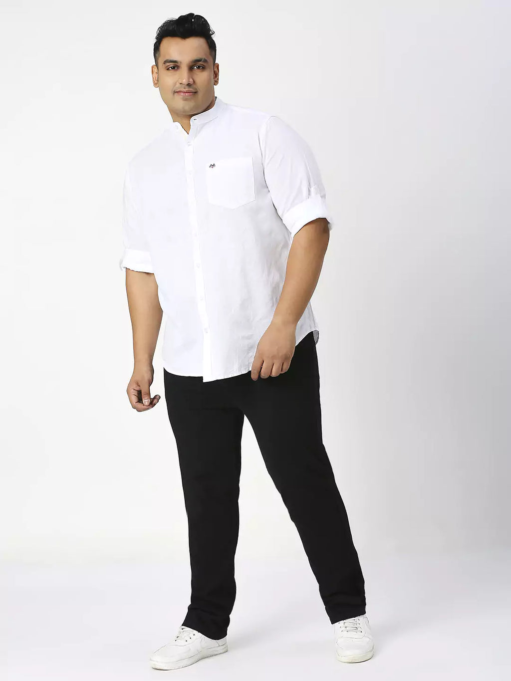 Thomas Scott Men Plus Size Premium Mandarin Collar Roll-Up Sleeves Cotton Linen Casual Shirt