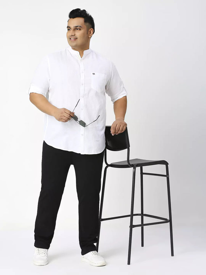 Thomas Scott Men Plus Size Premium Mandarin Collar Roll-Up Sleeves Cotton Linen Casual Shirt