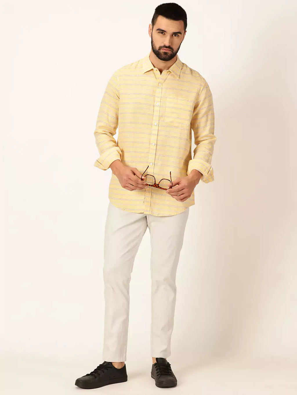 Thomas Scott Men Premium Linen Slim Fit Striped Casual Shirt