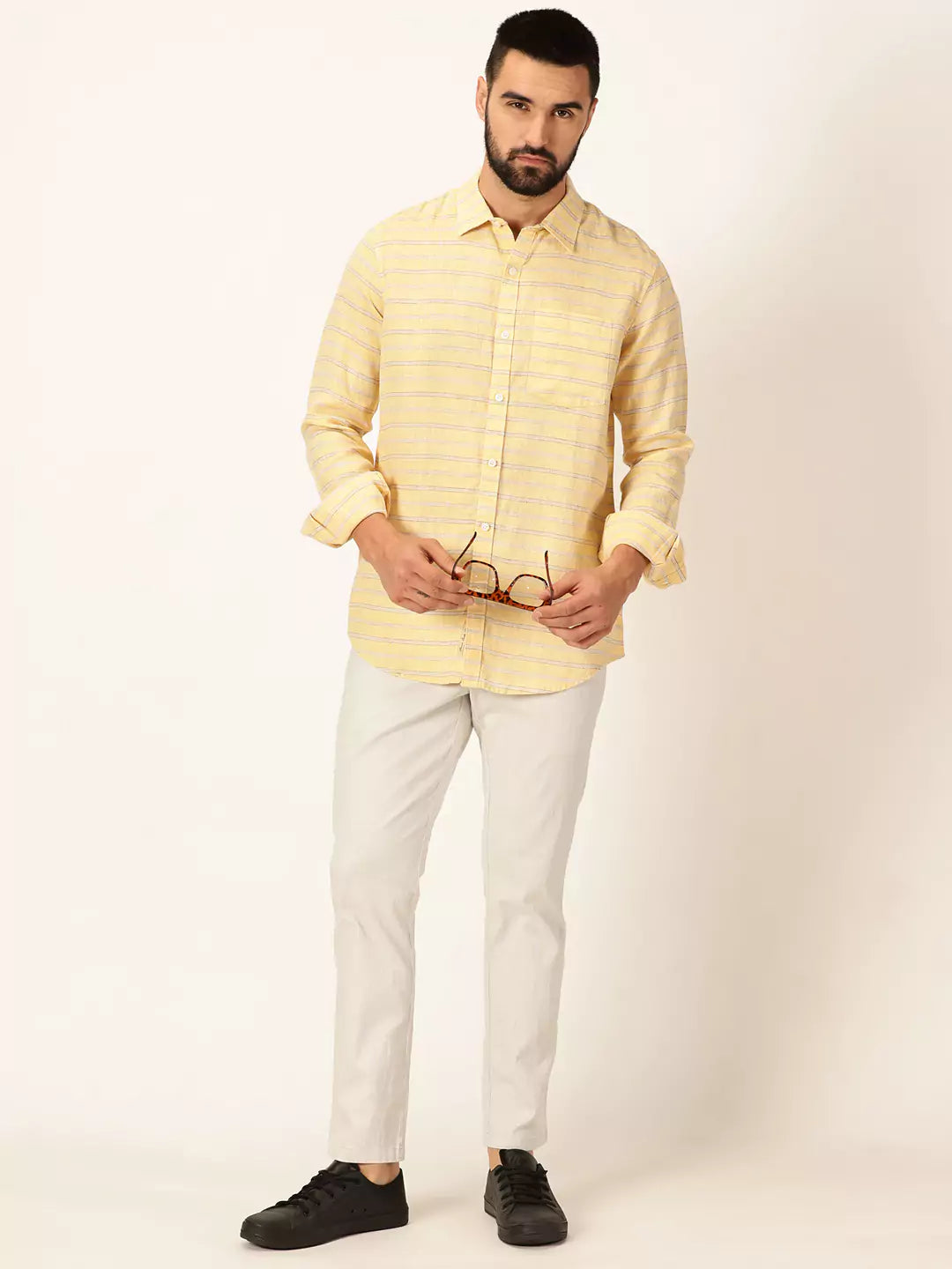 Thomas Scott Men Premium Linen Slim Fit Striped Casual Shirt