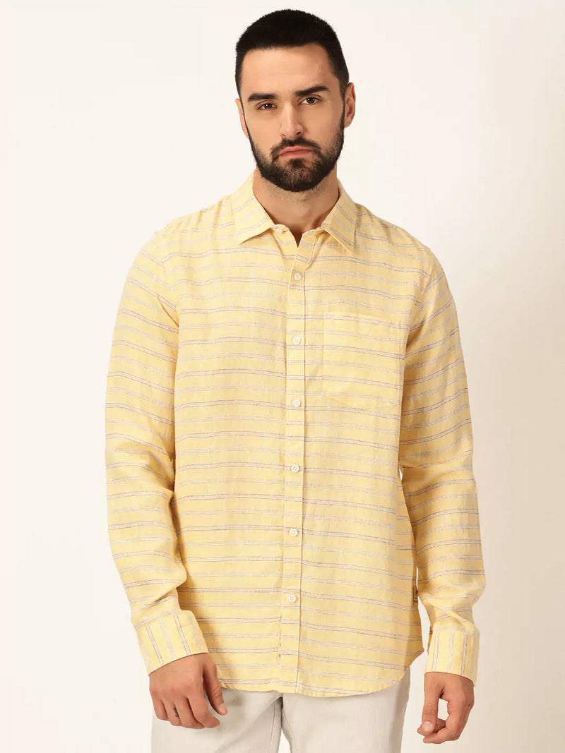 Thomas Scott Men Premium Linen Slim Fit Striped Casual Shirt