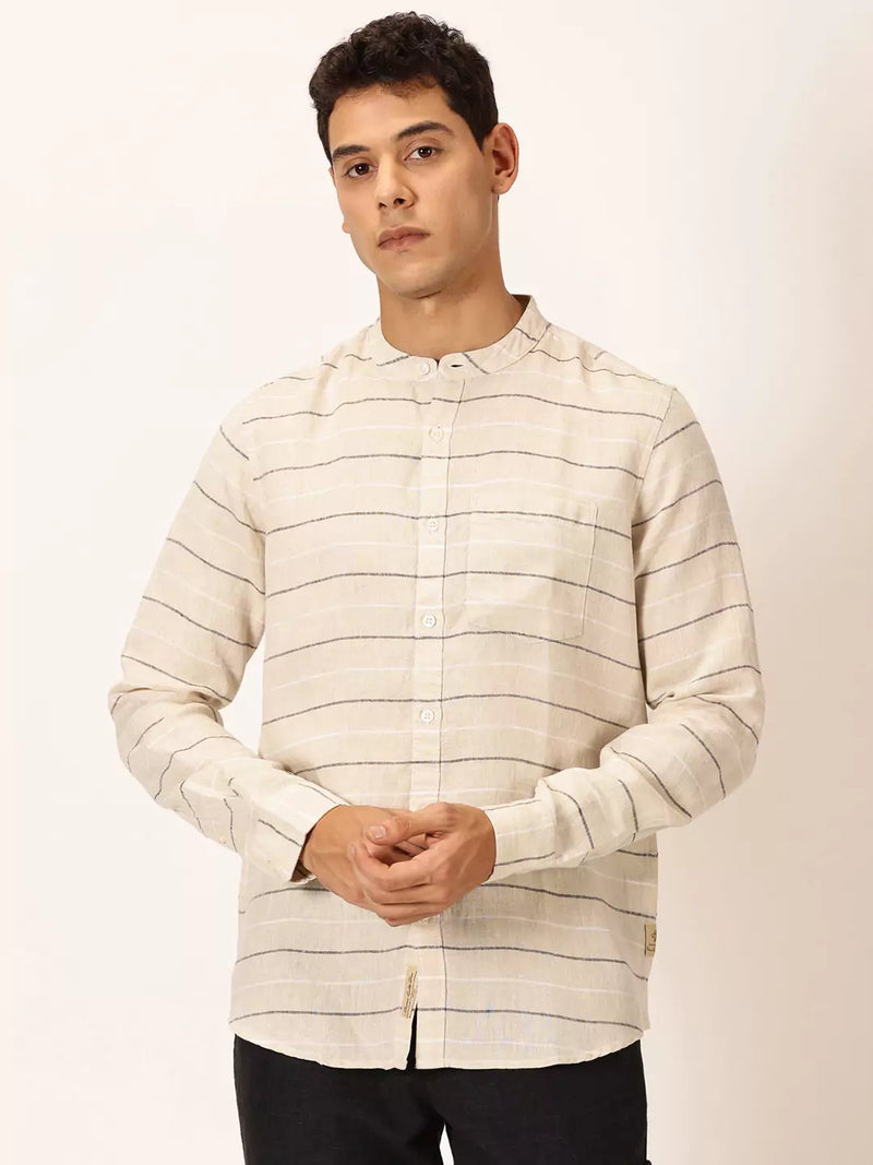 Thomas Scott Men Premium Linen Slim Fit Horizontal Stripes Casual Shirt