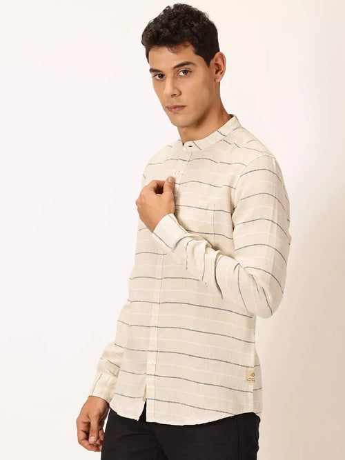 Thomas Scott Men Premium Linen Slim Fit Horizontal Stripes Casual Shirt