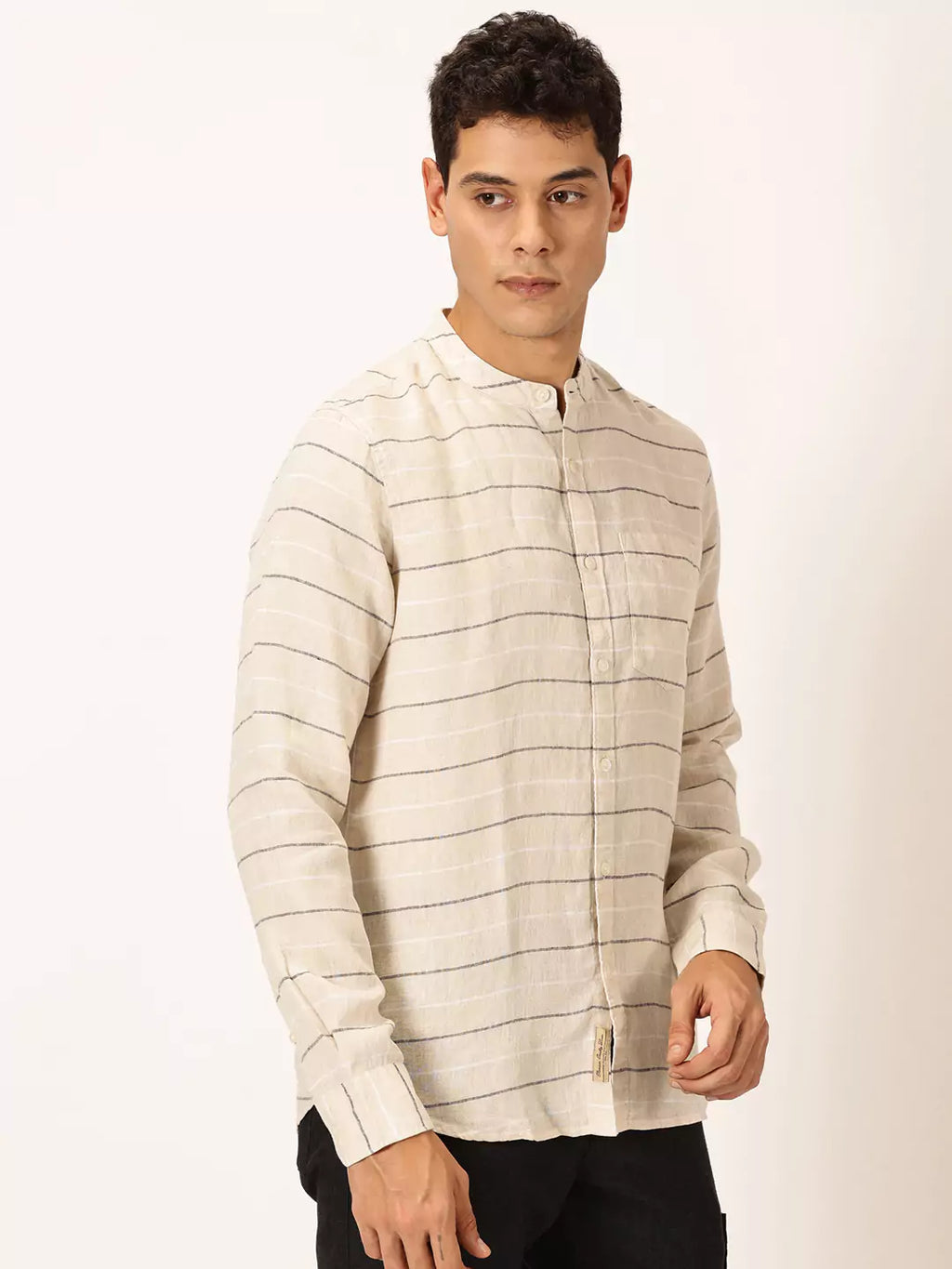 Thomas Scott Men Premium Linen Slim Fit Horizontal Stripes Casual Shirt