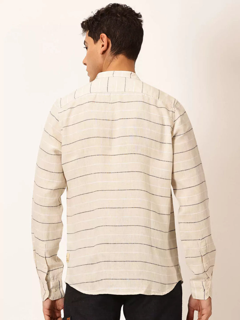Thomas Scott Men Premium Linen Slim Fit Horizontal Stripes Casual Shirt