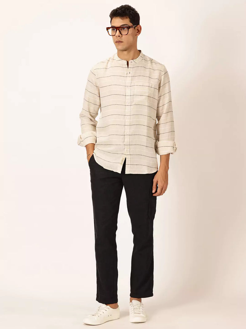 Thomas Scott Men Premium Linen Slim Fit Horizontal Stripes Casual Shirt