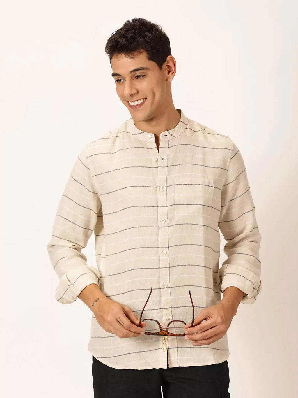 Thomas Scott Men Premium Linen Slim Fit Horizontal Stripes Casual Shirt