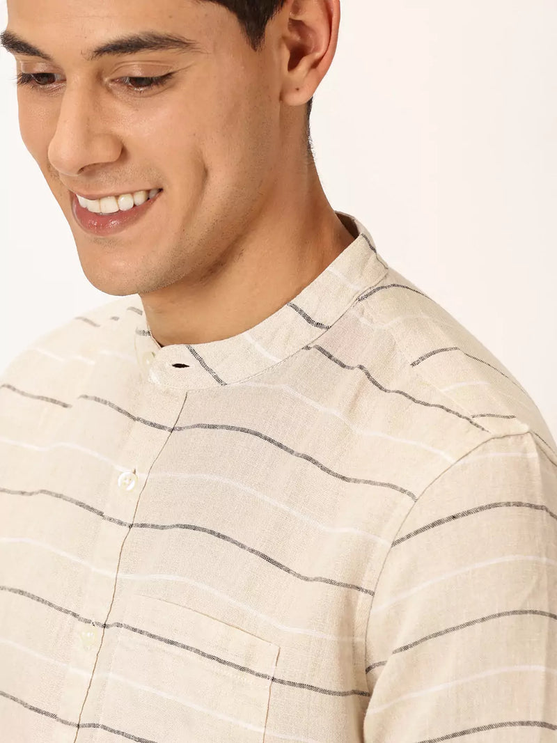 Thomas Scott Men Premium Linen Slim Fit Horizontal Stripes Casual Shirt