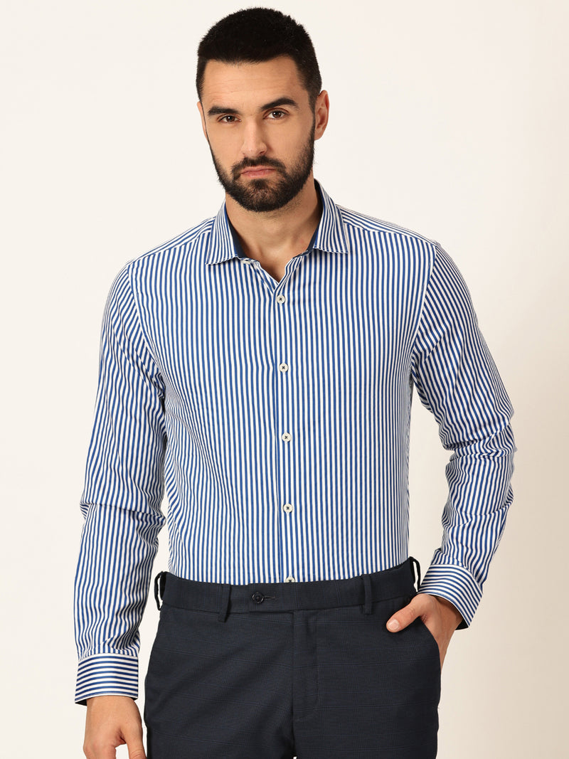 Thomas Scott Men Premium Striped Spread Collar Long Sleeves Formal Shirt