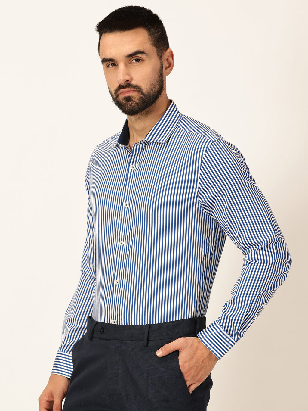 Thomas Scott Men Premium Striped Spread Collar Long Sleeves Formal Shirt