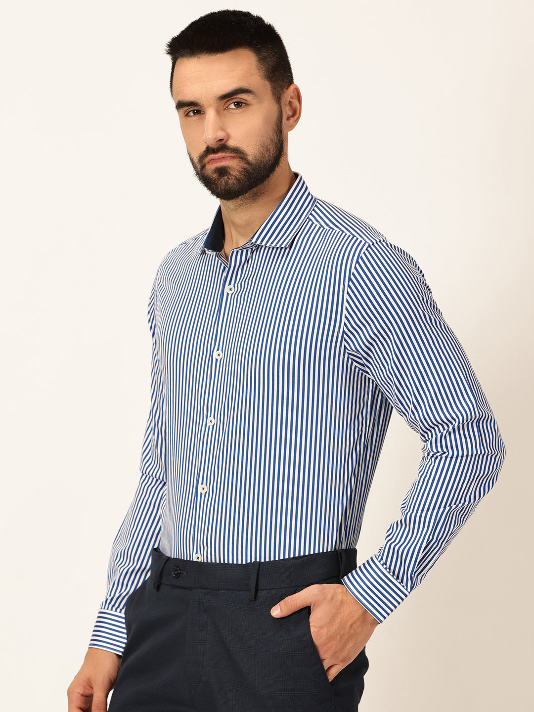 Thomas Scott Men Premium Striped Spread Collar Long Sleeves Formal Shirt