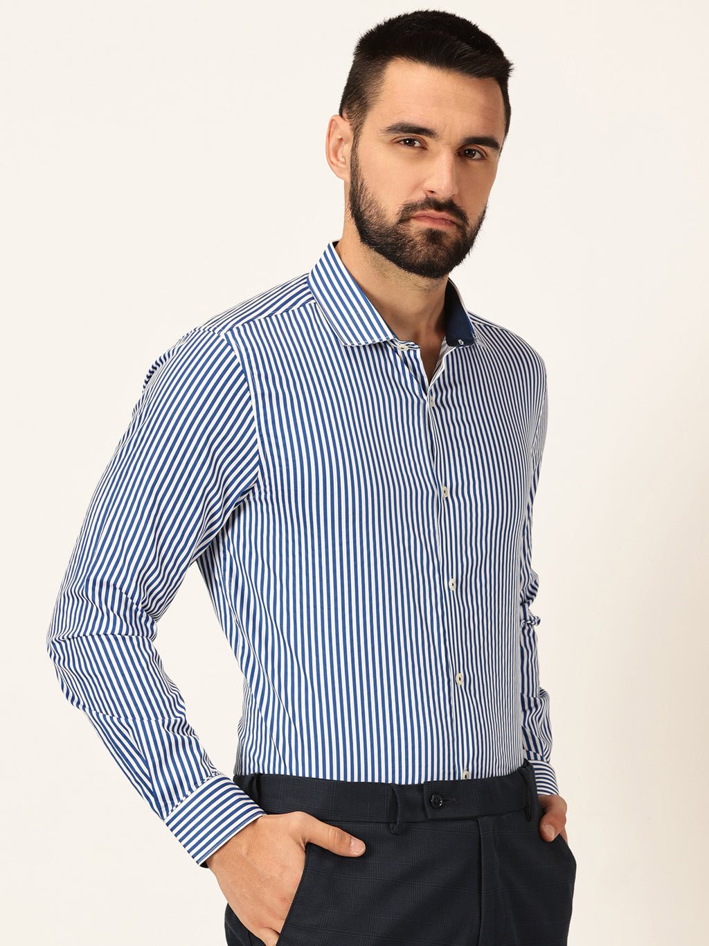 Thomas Scott Men Premium Striped Spread Collar Long Sleeves Formal Shirt
