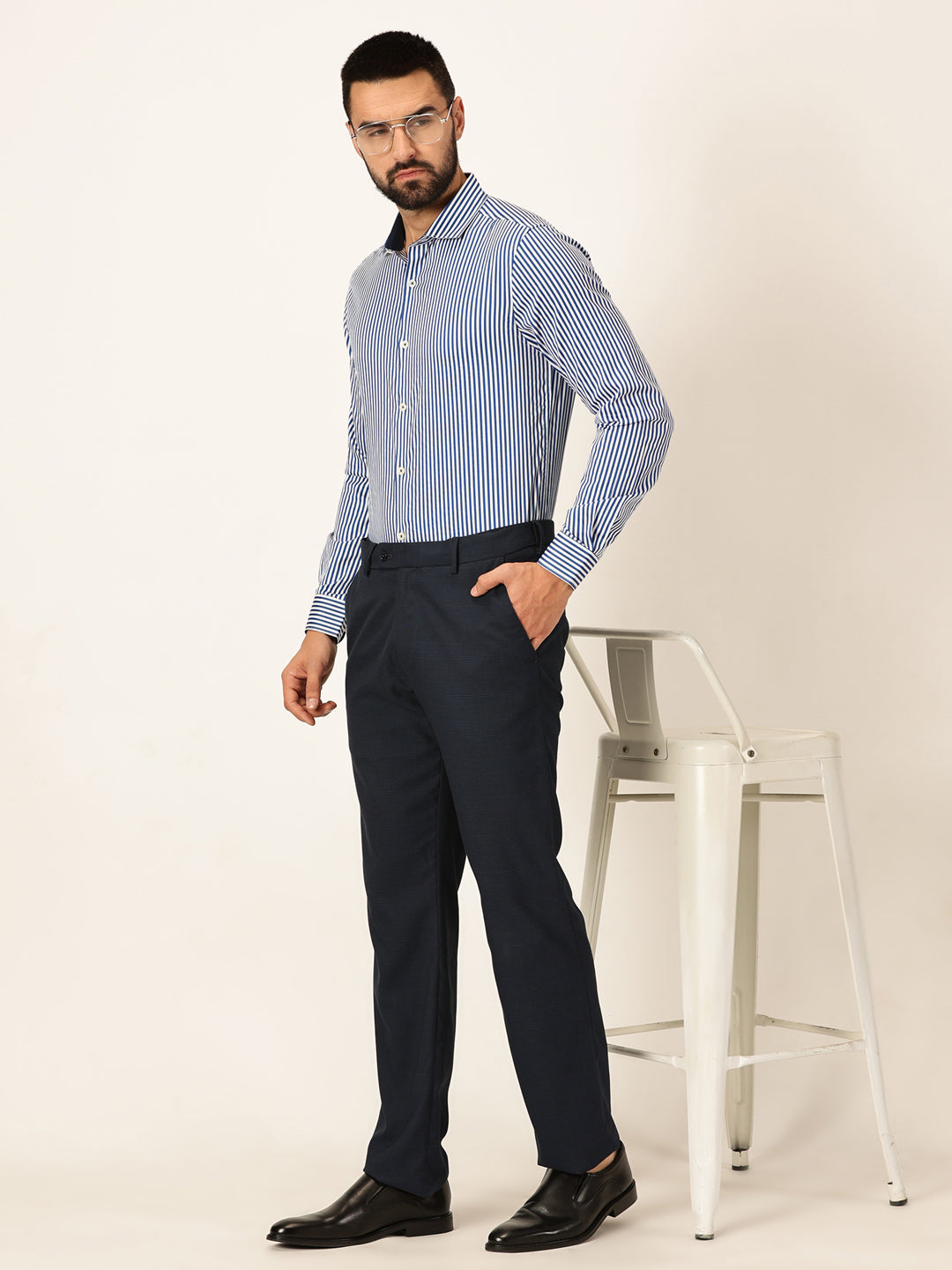 Thomas Scott Men Premium Striped Spread Collar Long Sleeves Formal Shirt