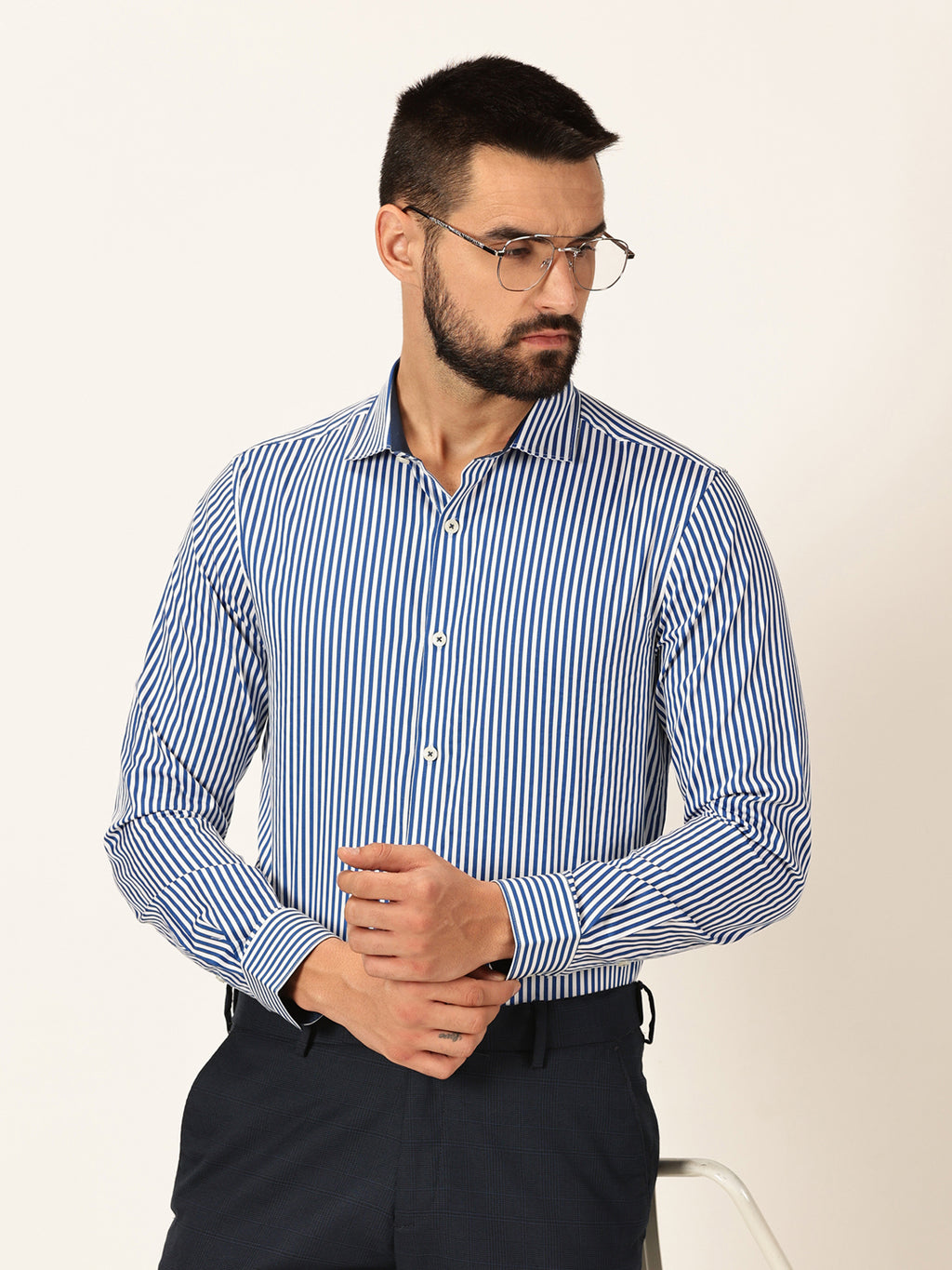 Thomas Scott Men Premium Striped Spread Collar Long Sleeves Formal Shirt