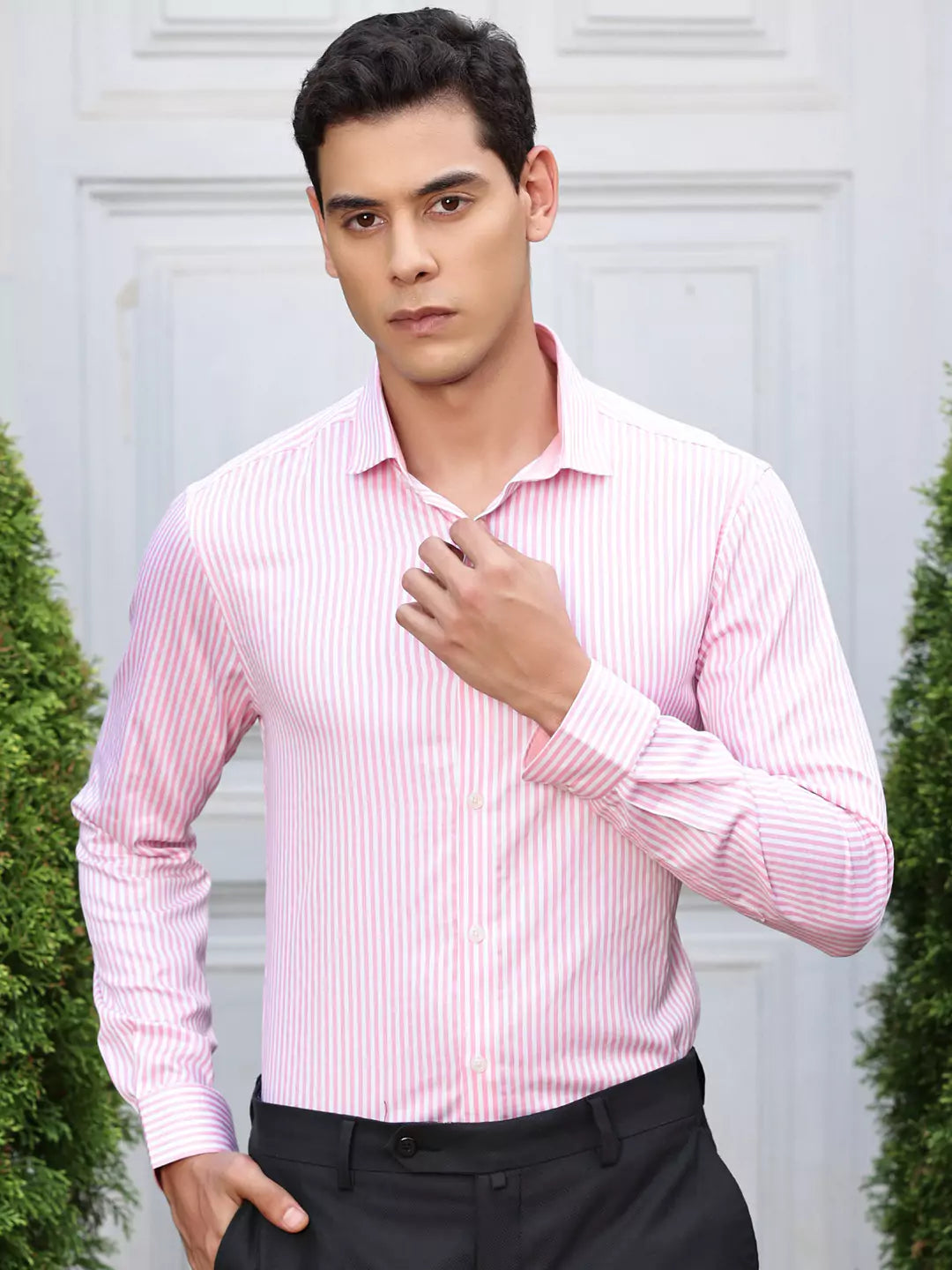Thomas Scott Men Vertical Striped Premium Cotton Opaque Formal Shirt