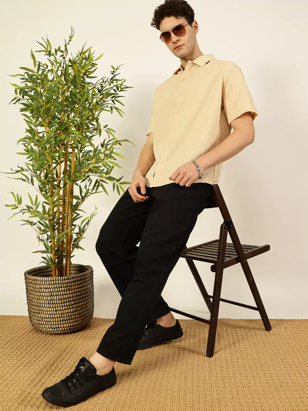 Thomas Scott Men Premium Spread Collar Textured Cotton Casual Shirt