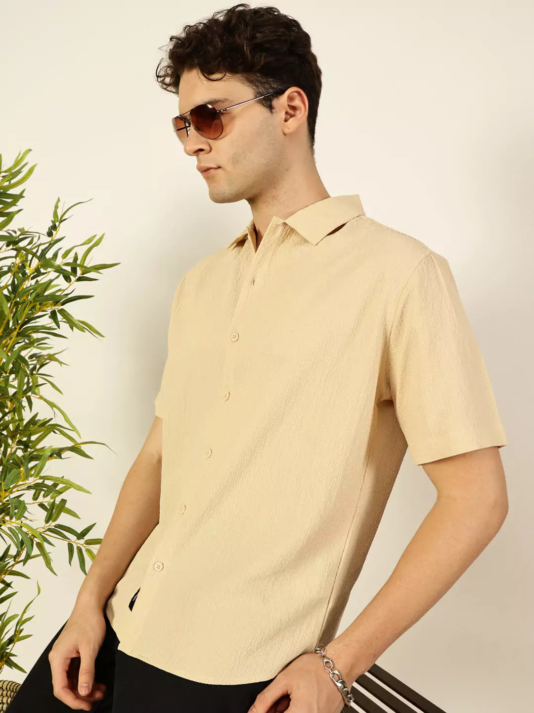 Thomas Scott Men Premium Spread Collar Textured Cotton Casual Shirt