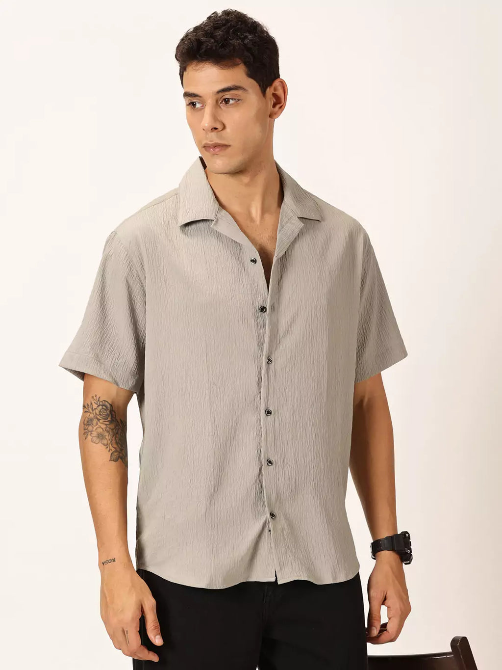 Thomas Scott Men Premium Slim Fit Self Design Textured Cuban Collar Seersucker Casual Shirt