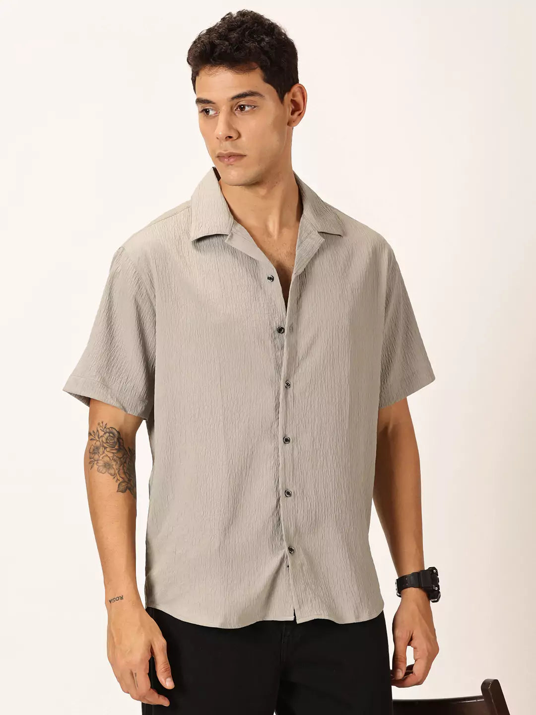 Thomas Scott Men Premium Slim Fit Self Design Textured Cuban Collar Seersucker Casual Shirt