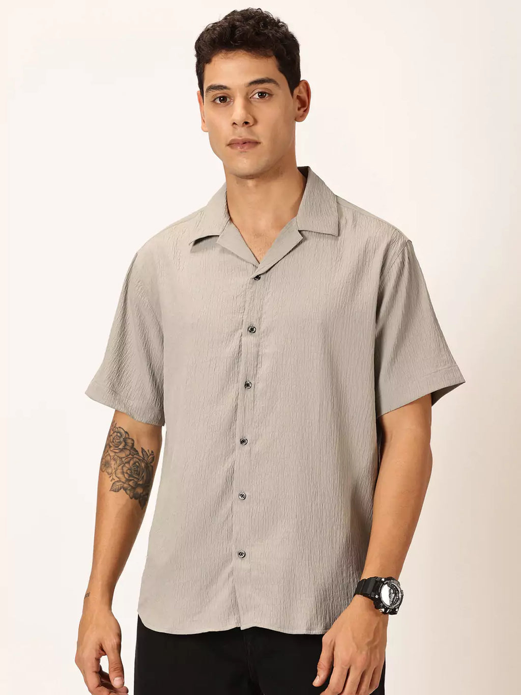 Thomas Scott Men Premium Slim Fit Self Design Textured Cuban Collar Seersucker Casual Shirt