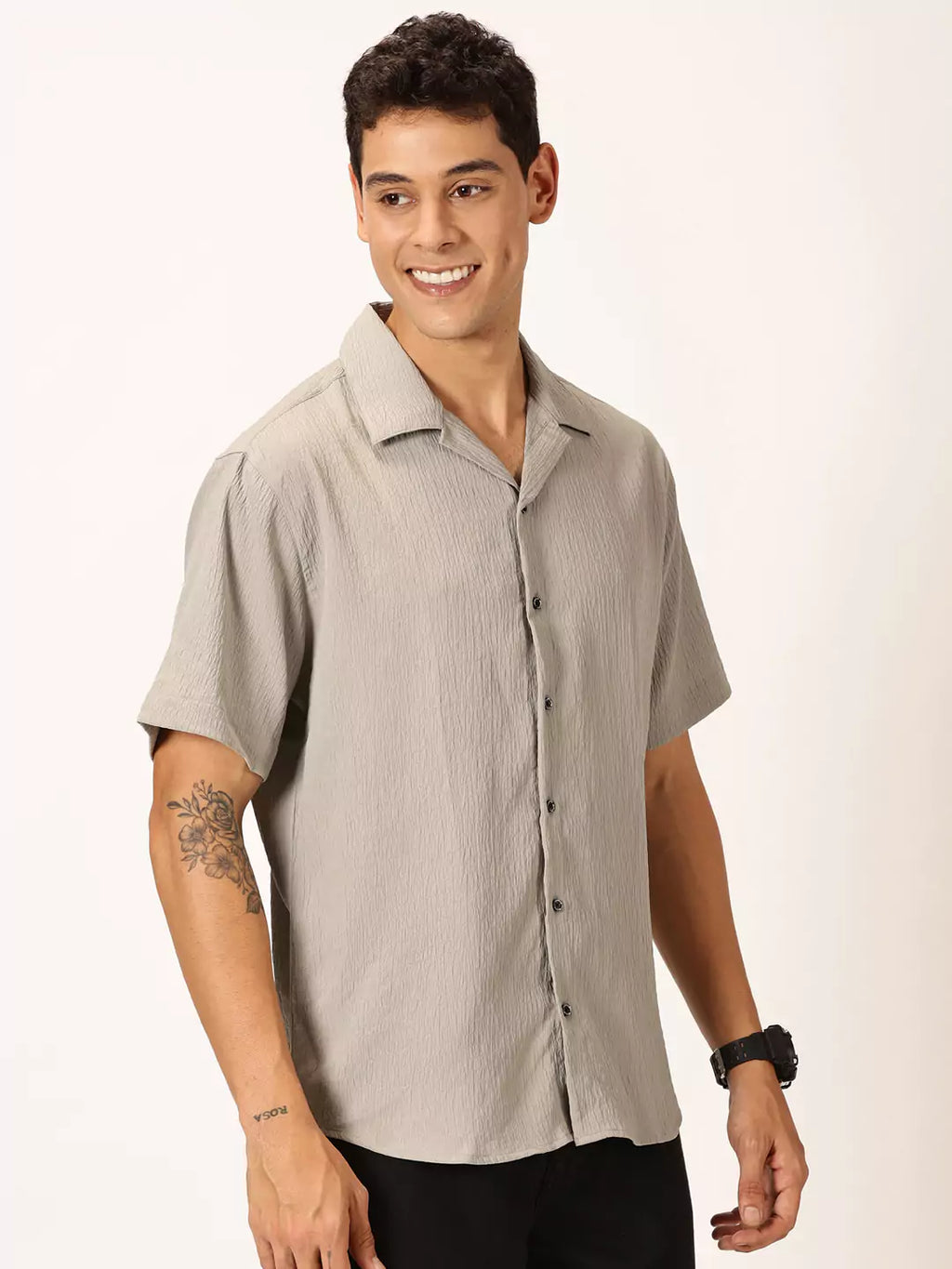 Thomas Scott Men Premium Slim Fit Self Design Textured Cuban Collar Seersucker Casual Shirt