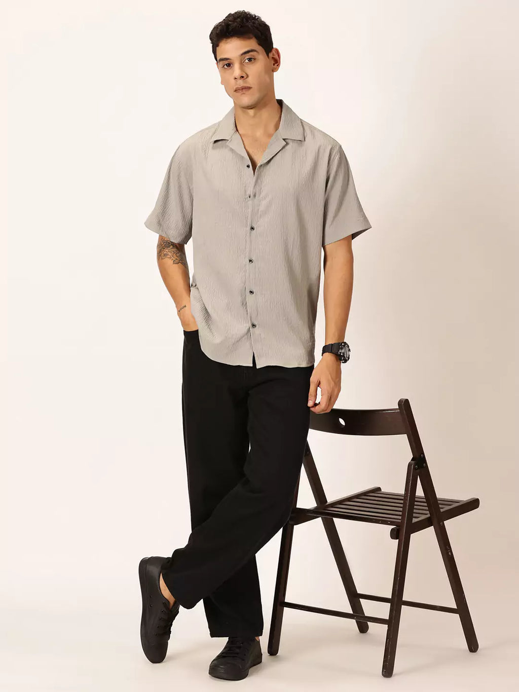 Thomas Scott Men Premium Slim Fit Self Design Textured Cuban Collar Seersucker Casual Shirt