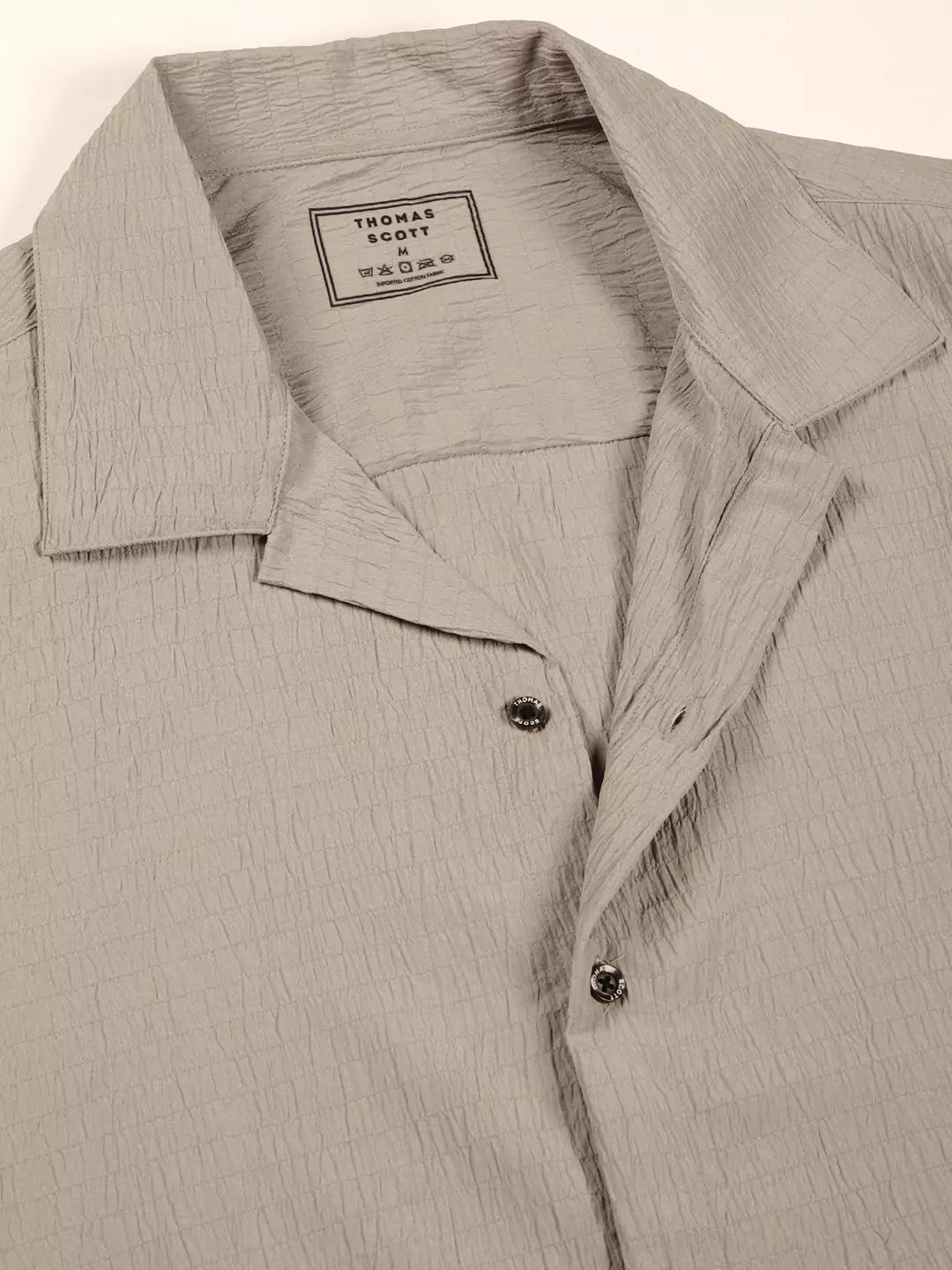 Thomas Scott Men Premium Slim Fit Self Design Textured Cuban Collar Seersucker Casual Shirt
