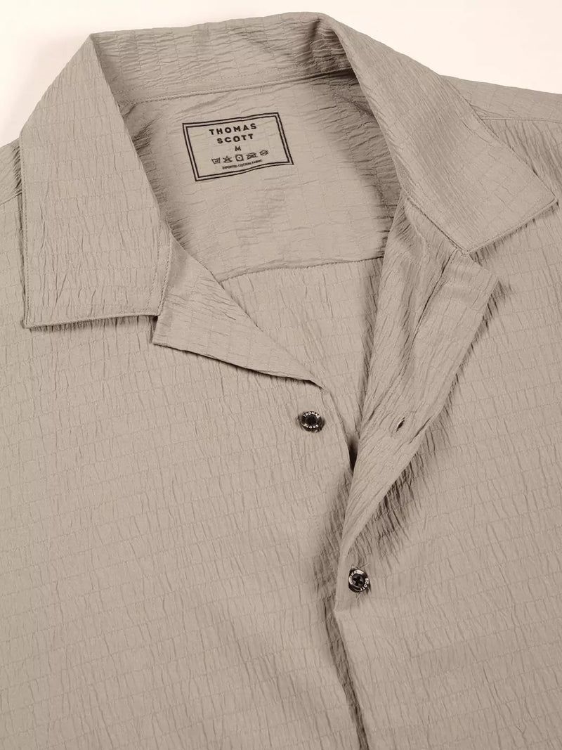 Thomas Scott Men Premium Slim Fit Self Design Textured Cuban Collar Seersucker Casual Shirt