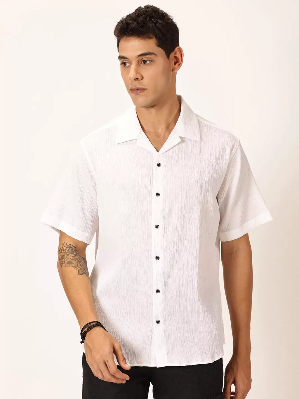 Thomas Scott Men Premium Slim Fit Self Design Textured Cuban Collar Seersucker Casual Shirt