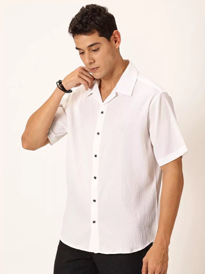 Thomas Scott Men Premium Slim Fit Self Design Textured Cuban Collar Seersucker Casual Shirt