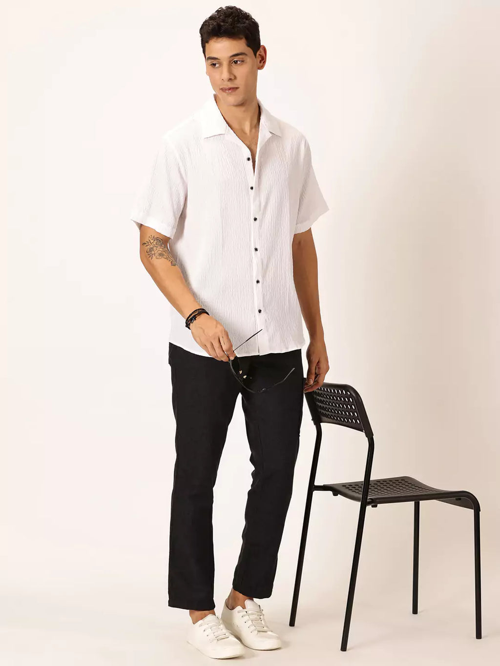 Thomas Scott Men Premium Slim Fit Self Design Textured Cuban Collar Seersucker Casual Shirt