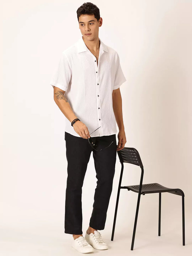 Thomas Scott Men Premium Slim Fit Self Design Textured Cuban Collar Seersucker Casual Shirt