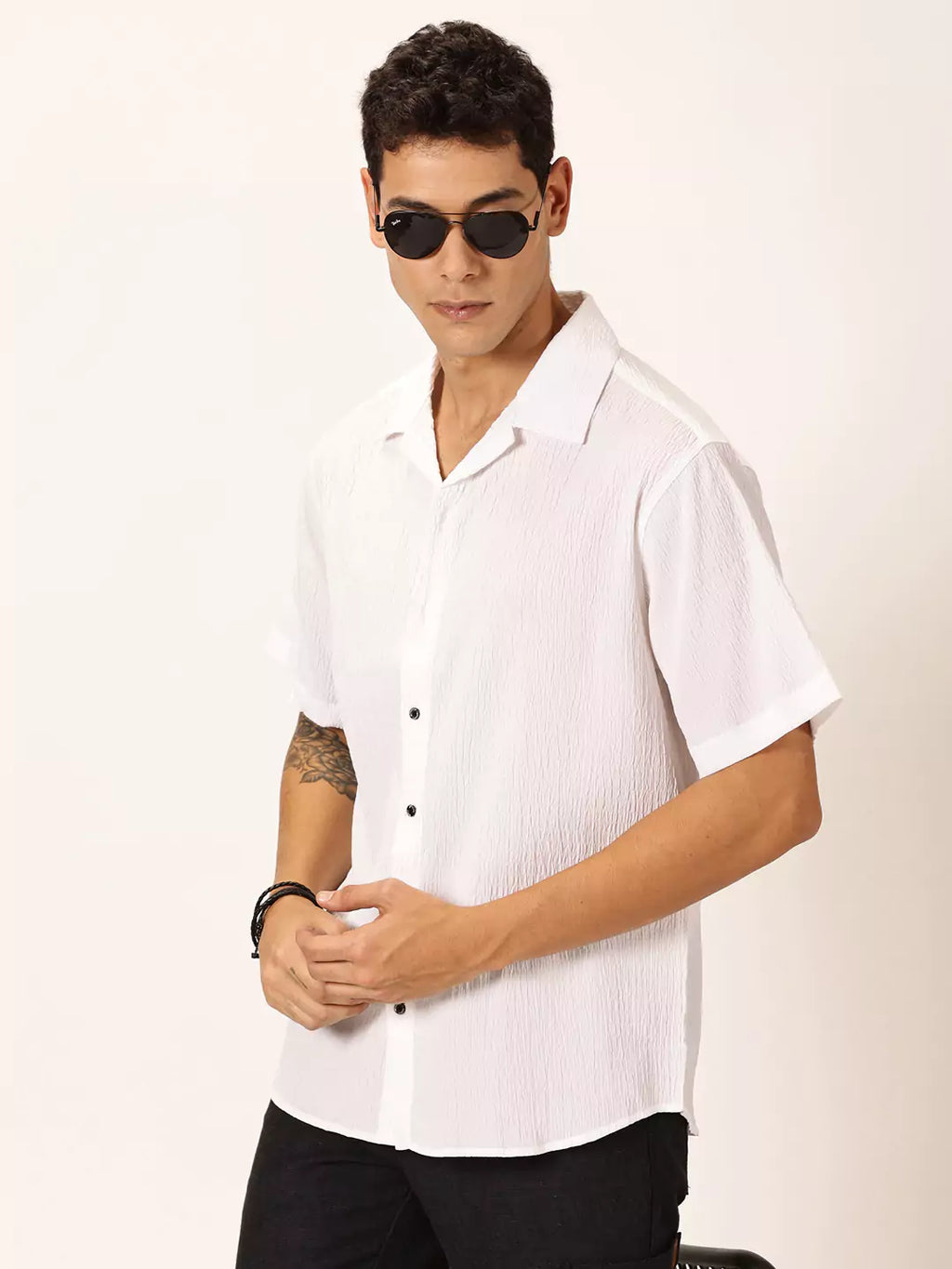 Thomas Scott Men Premium Slim Fit Self Design Textured Cuban Collar Seersucker Casual Shirt