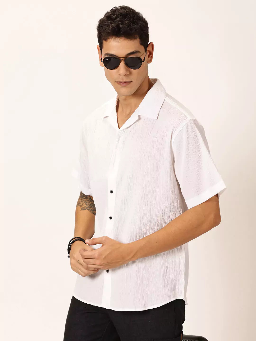 Thomas Scott Men Premium Slim Fit Self Design Textured Cuban Collar Seersucker Casual Shirt