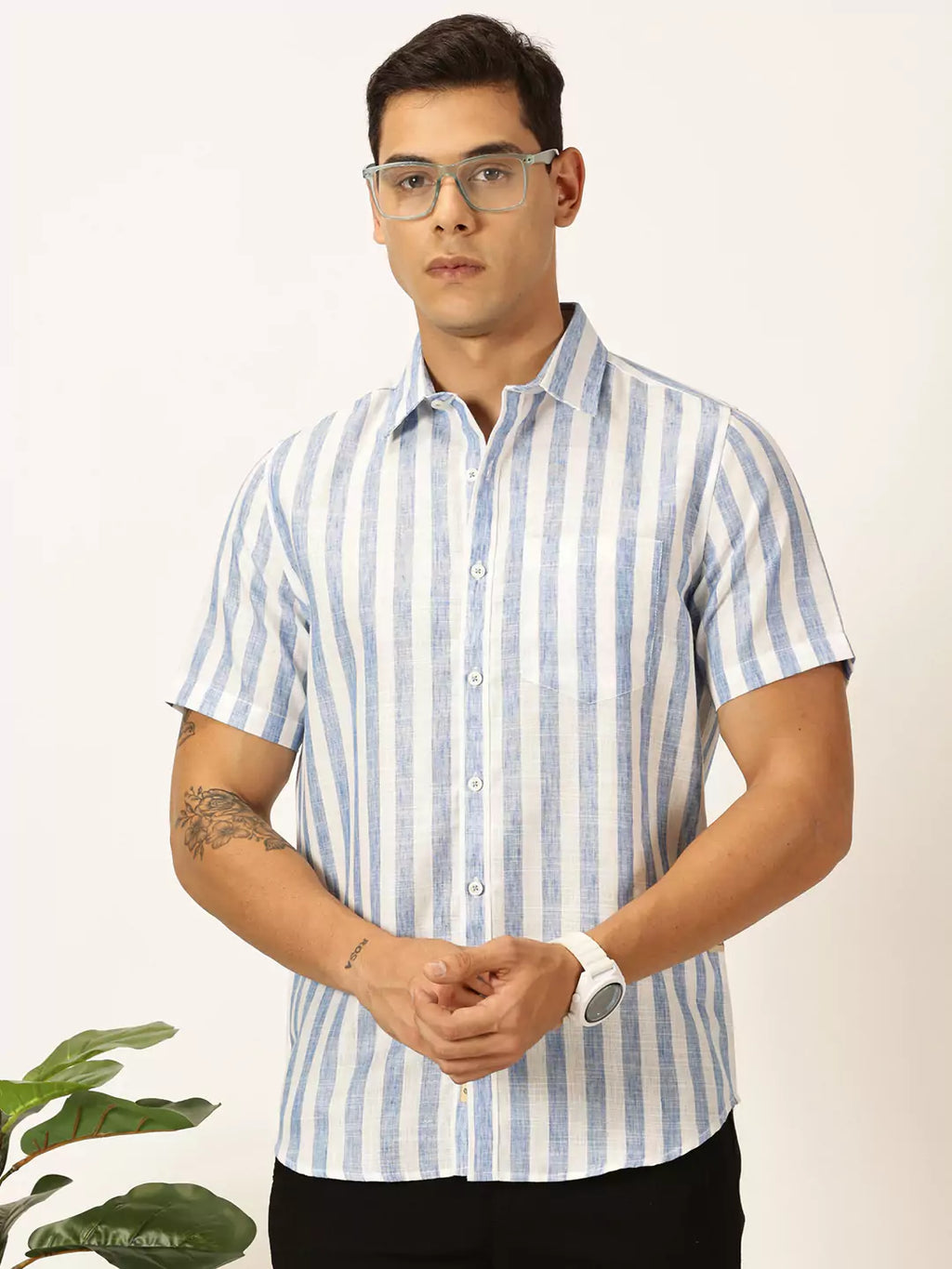 Thomas Scott Men Premium Vertical Stripes Cotton & Linen Casual Shirt