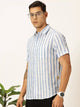 Blue Premium Vertical Stripes Cotton & Linen Casual Shirt For Men