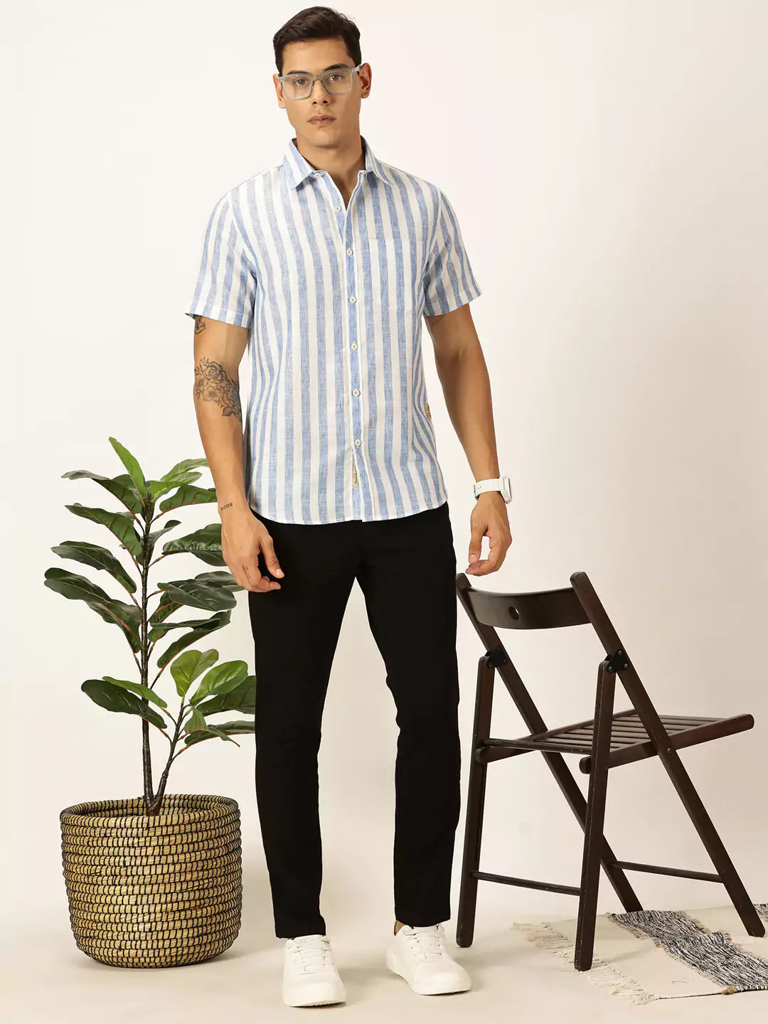 Thomas Scott Men Premium Vertical Stripes Cotton & Linen Casual Shirt