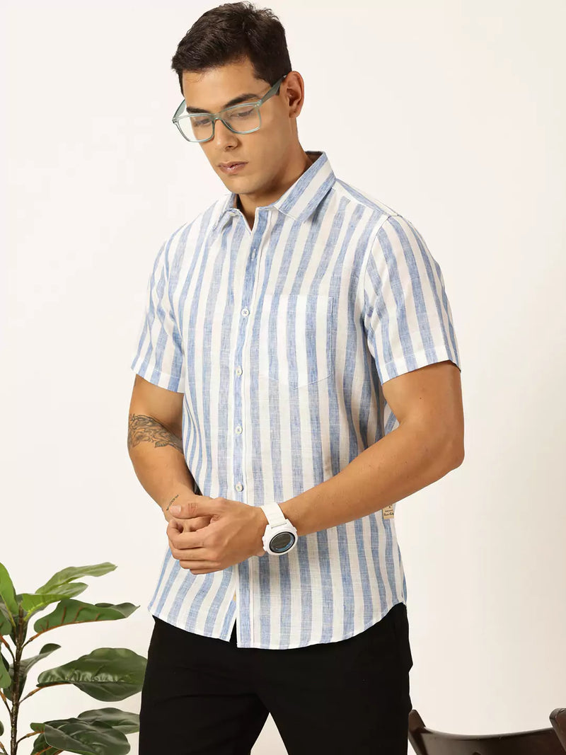 Thomas Scott Men Premium Vertical Stripes Cotton & Linen Casual Shirt