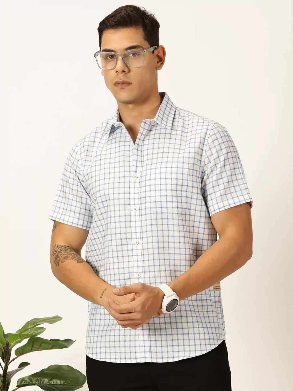 Thomas Scott Men Premium Slim Fit Micro Checks Cotton & Linen Casual Shirt