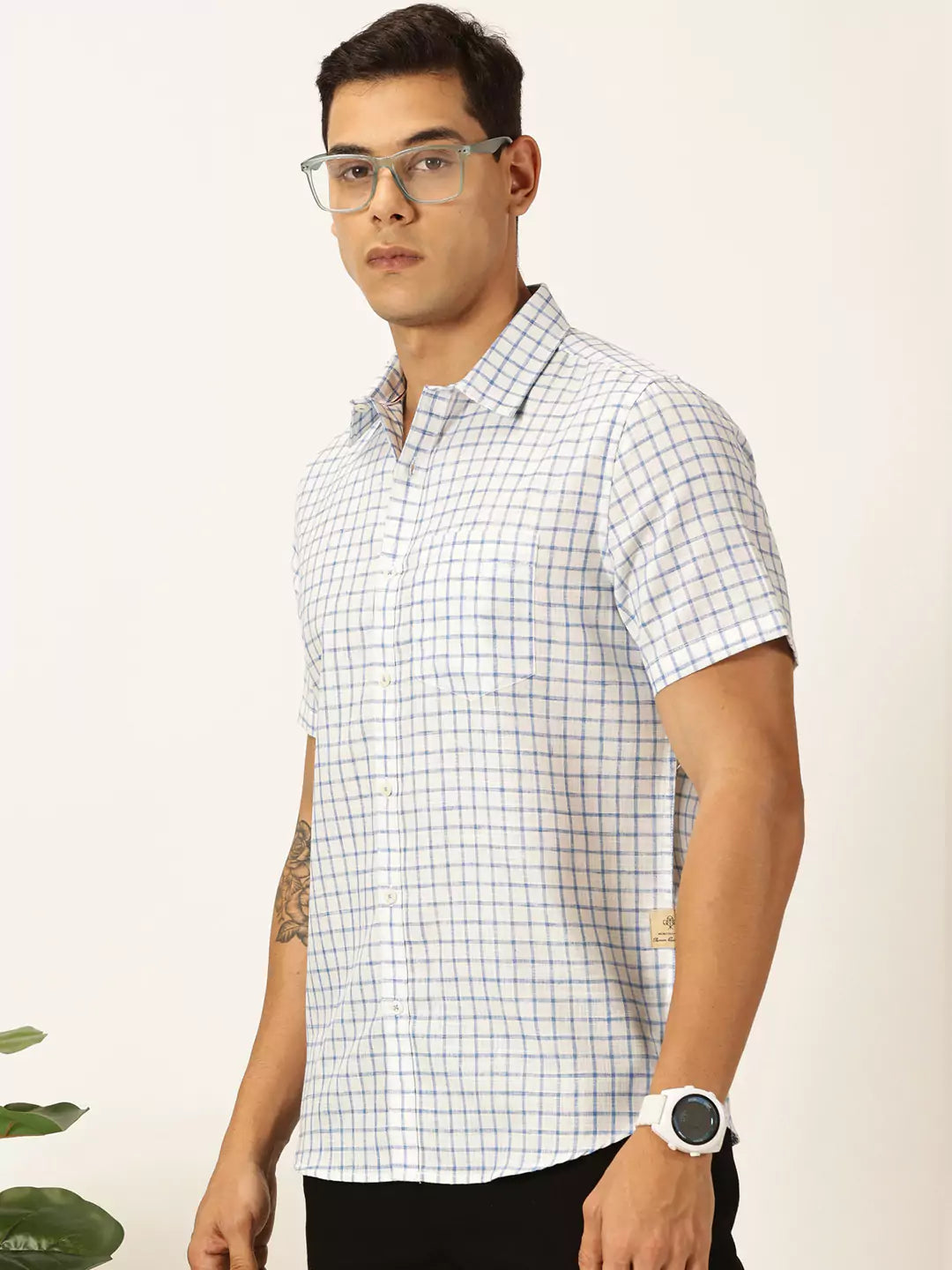 Thomas Scott Men Premium Slim Fit Micro Checks Cotton & Linen Casual Shirt