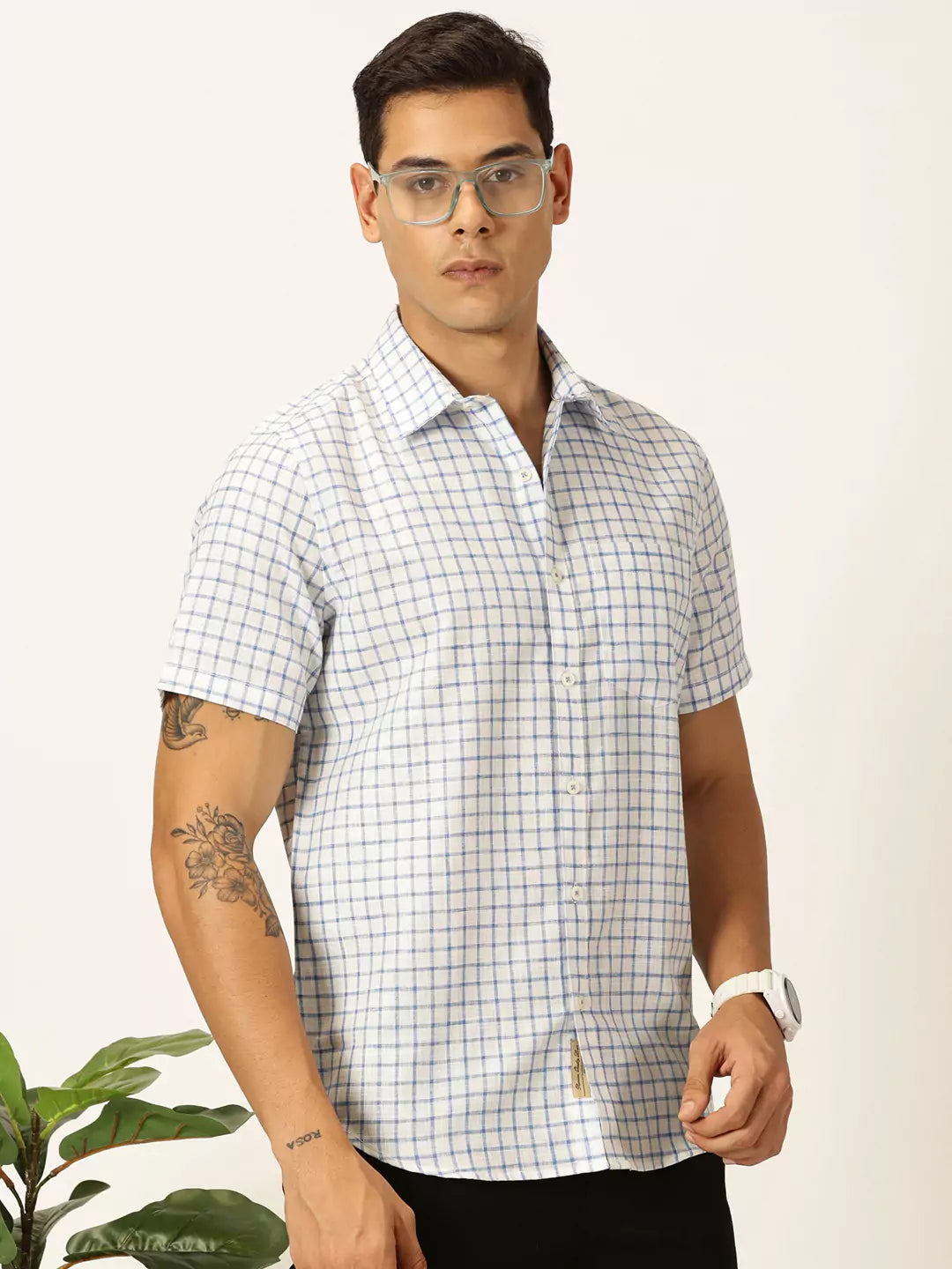 Thomas Scott Men Premium Slim Fit Micro Checks Cotton & Linen Casual Shirt