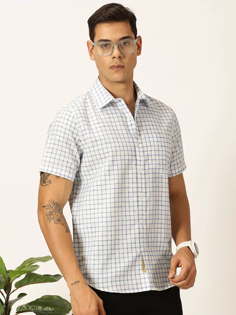 Thomas Scott Men Premium Slim Fit Micro Checks Cotton & Linen Casual Shirt