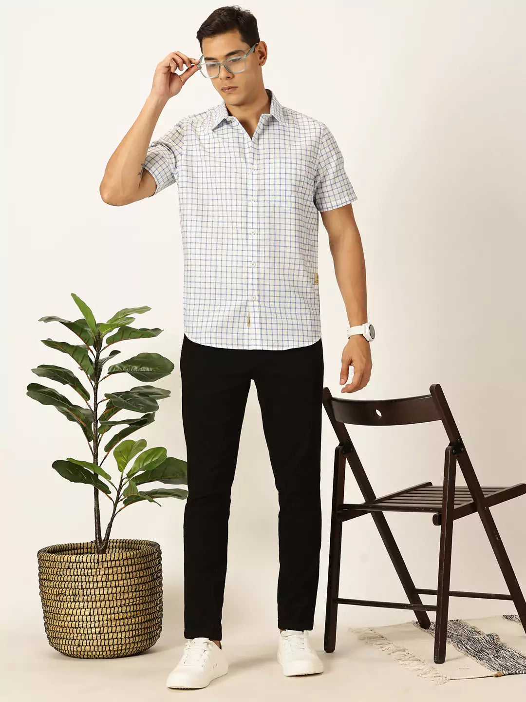Thomas Scott Men Premium Slim Fit Micro Checks Cotton & Linen Casual Shirt
