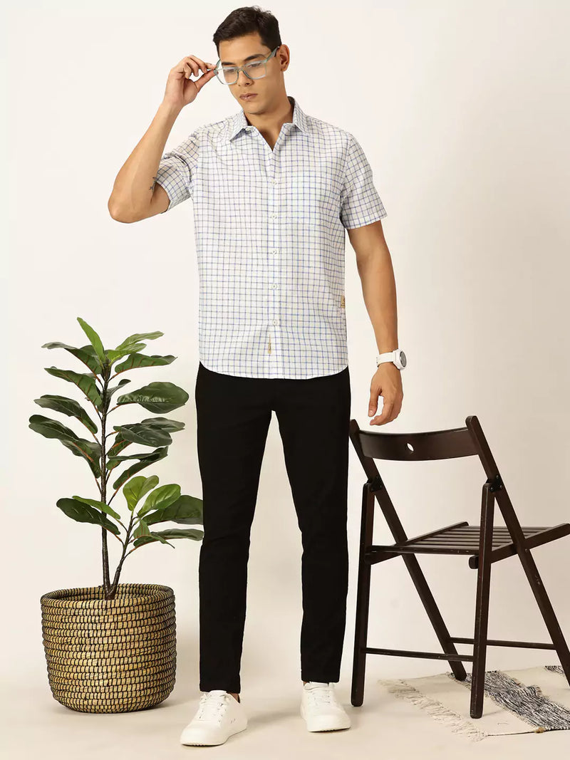 Thomas Scott Men Premium Slim Fit Micro Checks Cotton & Linen Casual Shirt