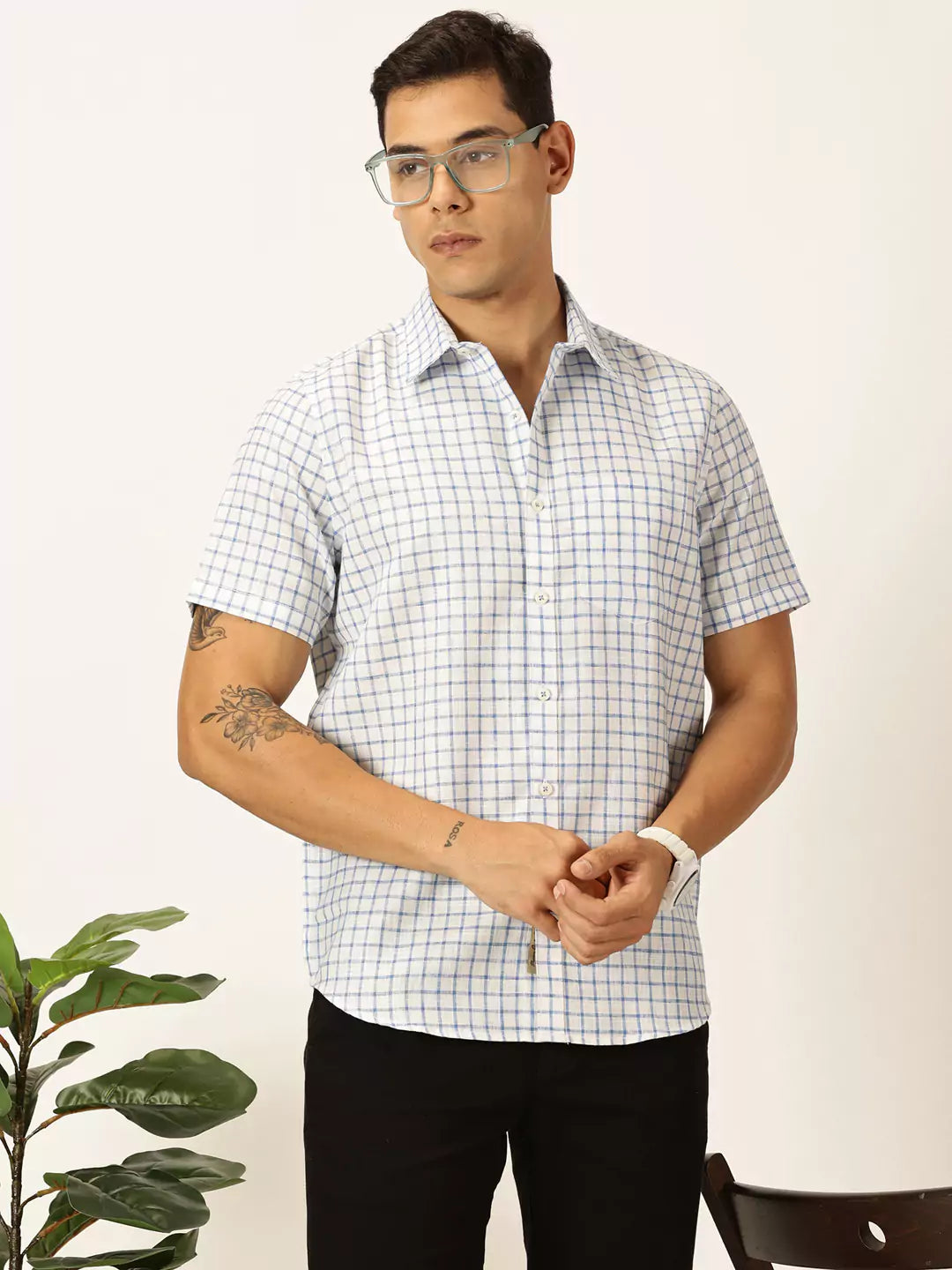 Thomas Scott Men Premium Slim Fit Micro Checks Cotton & Linen Casual Shirt