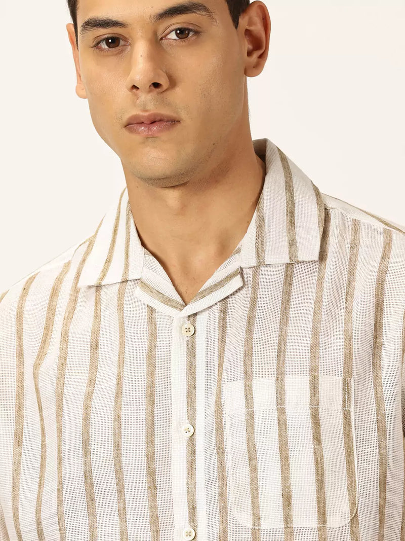 Thomas Scott Men Premium Vertical Stripes Cotton & Linen Casual Shirt