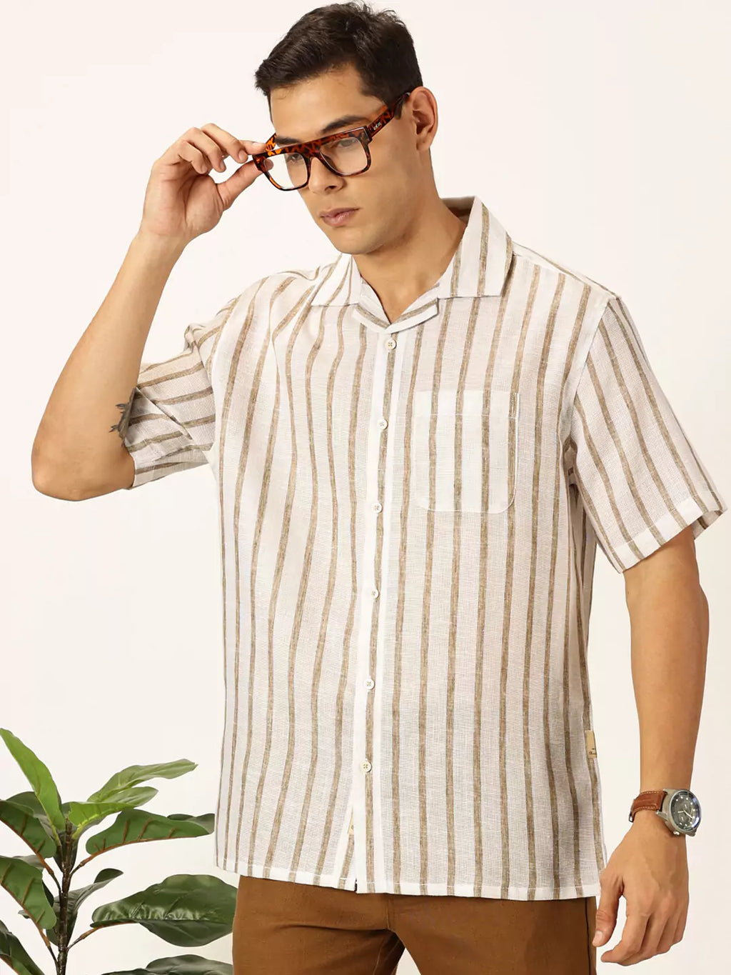 Thomas Scott Men Premium Vertical Stripes Cotton & Linen Casual Shirt